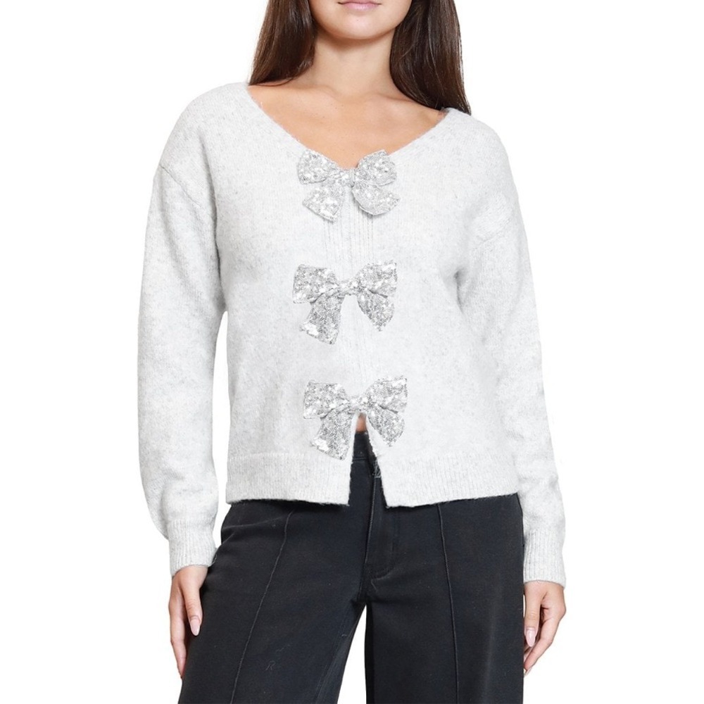 Stevieโ by Steve Madden Gray Sequin Bow V-Neck Sweater Small Pullover NWT